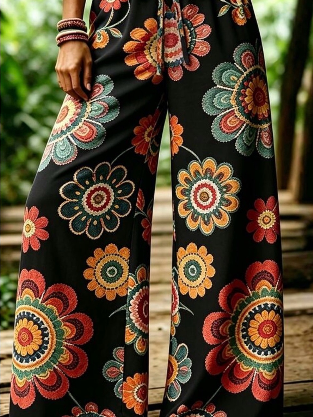 Boho Floral Wide-Leg Jumpsuit Pants - Black with Multicolor Flowers
